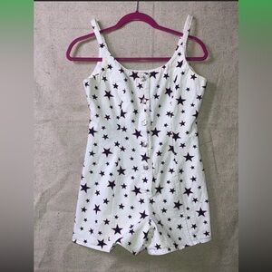 Vintage 90s Y2K Star Print Denim Jean Overall Romper Wide Leg Shortsall Womens S